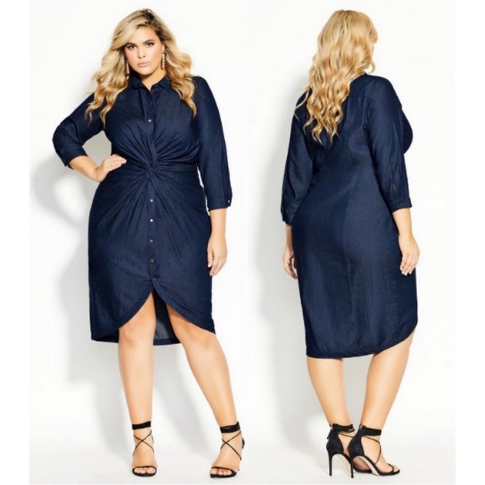City Chic Chambray dark denim twist shirt dress
